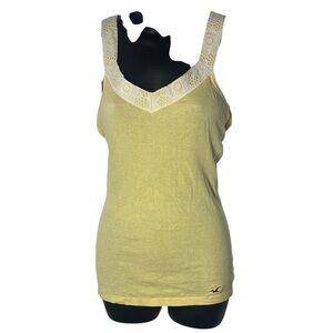 Hollister women’s medium 2000s tank top ribbed yellow floral crochet lace trim